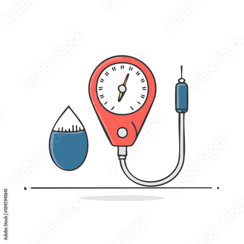 Illustration of a hand held pressure gauge and a liquid filled dropper to measure, diagnose, or test pressure levels, or liquid density