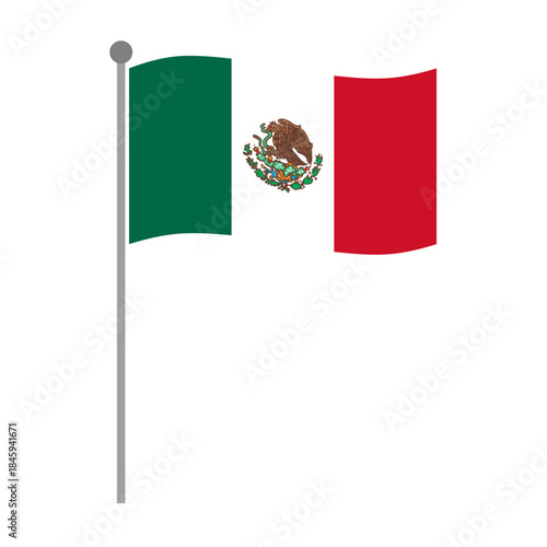 Mexican national flag waving on flagpole, vector illustration with green, white and red vertical stripes and national coat of arms, symbol of Mexico identity, culture and patriotism
