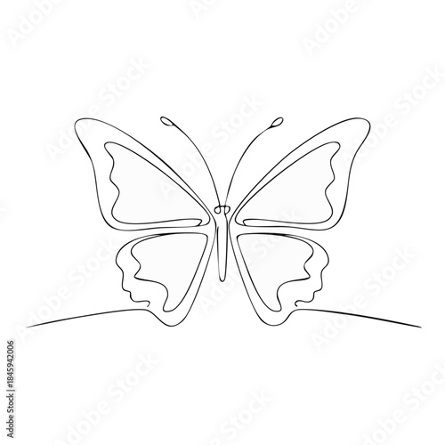 Minimalist single line drawing of a butterfly with graceful wings and antennae in an elegant style