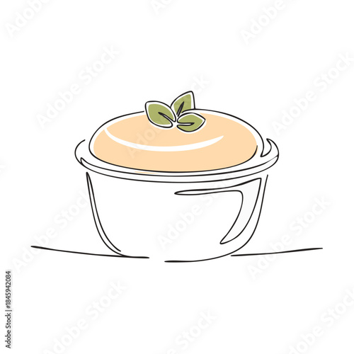 Vector Food Illustration One Line Drawing of Dip in a Bowl with Herbs Fresh Appetizer Design Element