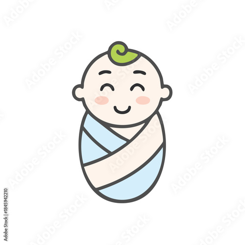 Newborn baby wrapped in blue blanket with smiling face illustration vector