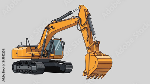 A yellow excavator is lifting its bucket in a construction site with heavy machinery and tools.