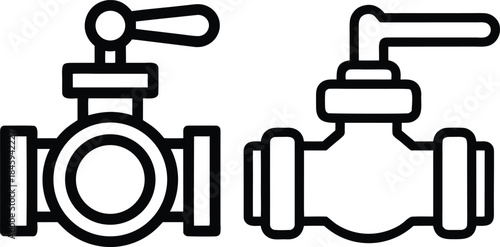 Two pipe valves with handles, featuring a pipe valve and a gate valve, black outline vector set