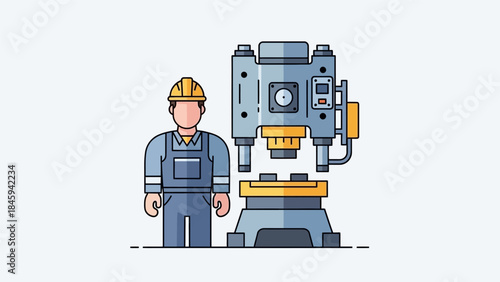 An industrial worker wearing a helmet stands beside a large drilling machine in a factory setting.