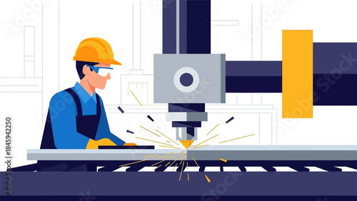 A worker in a hard hat operates a large industrial machine, cutting through metal with sparks flying.