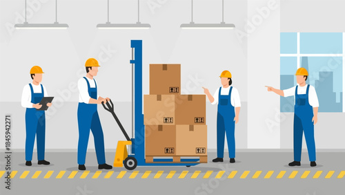 Workers in a warehouse loading boxes onto a pallet jack with a city view