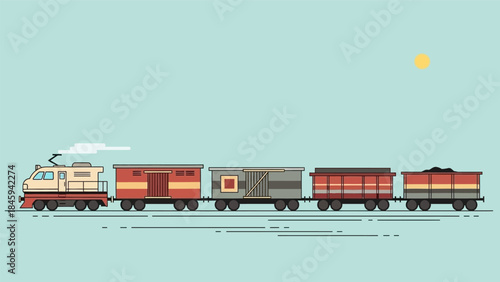 A colorful train with multiple cars travels along the tracks under a sunny sky on a clear day.