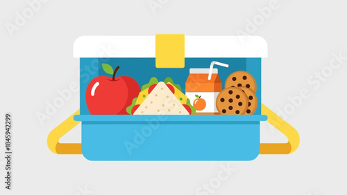 A lunchbox contains a sandwich, an apple, cookies, and a carton of juice inside.