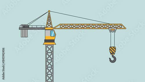 An illustration of a construction crane with a hook and boom against a light blue background.