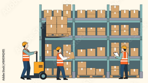 Workers in warehouse loading boxes on shelves with forklift and clipboard