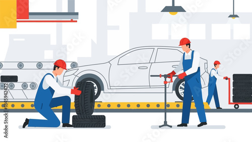 Mechanic workers changing car tires in a busy garage service station with tools and equipment.