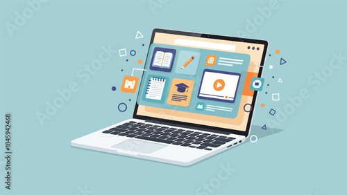 A laptop displaying various educational icons and tools on its screen, surrounded by floating shapes and symbols, in a clean and modern illustration style.