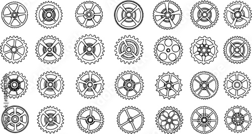 Vector outline set of 28 gear wheels, cogs, and sprockets. Detailed mechanical components, clock mechanisms, and vintage industrial or Steampunk design icons.