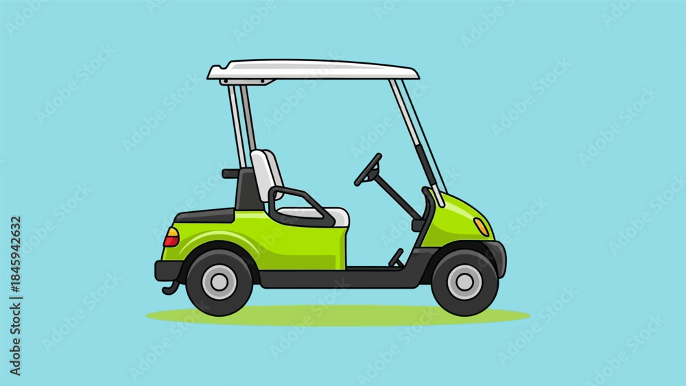Fototapeta premium A lime green golf cart illustration with white roof and seats on a light blue background and green shadow