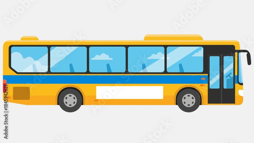 A yellow and blue bus with black wheels and windows is driving on a road with a cloudy sky.