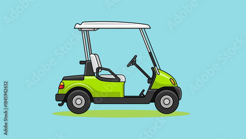 A lime green golf cart illustration with white roof and seats on a light blue background and green shadow
