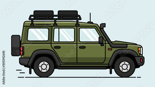 An illustration of a green off-road vehicle with luggage on top is driving on a road.
