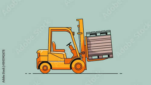An illustration of a forklift carrying a wooden pallet in an industrial setting with a green background.