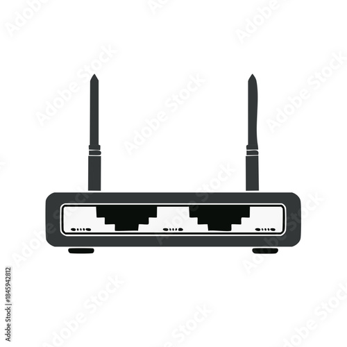 Wireless router device illustrating connections and technology signals for internet and networking access at home or office