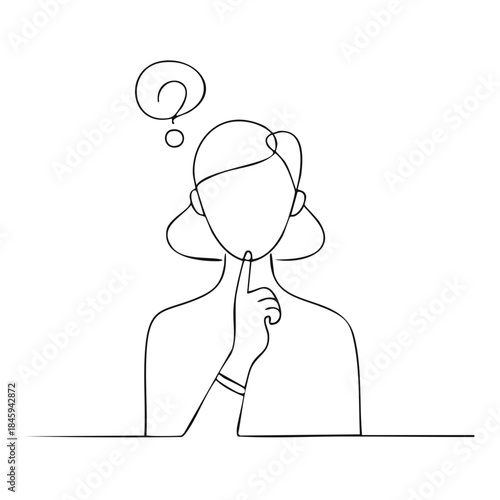 Doubtful Woman Line Art Illustration, Question Mark Overhead, Uncertain Decision Making