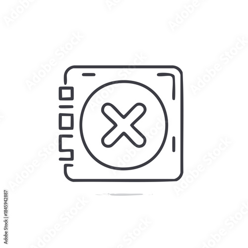 Doodle of square notebook with wrong mark inside circle simple design representing delete cancel remove isolated drawing