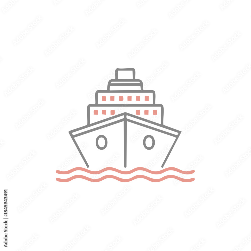 Fototapeta premium Cruise Ship Icon: Minimalist Line Art of Ocean Vessel with Waves, Front View, Gray and Pink Accents, Maritime Transportation, Holiday Travel Concept