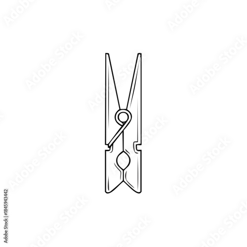 Simple Line Drawing of a Wooden Clothespin Laundry Peg Clip for Clothesline on a White Background