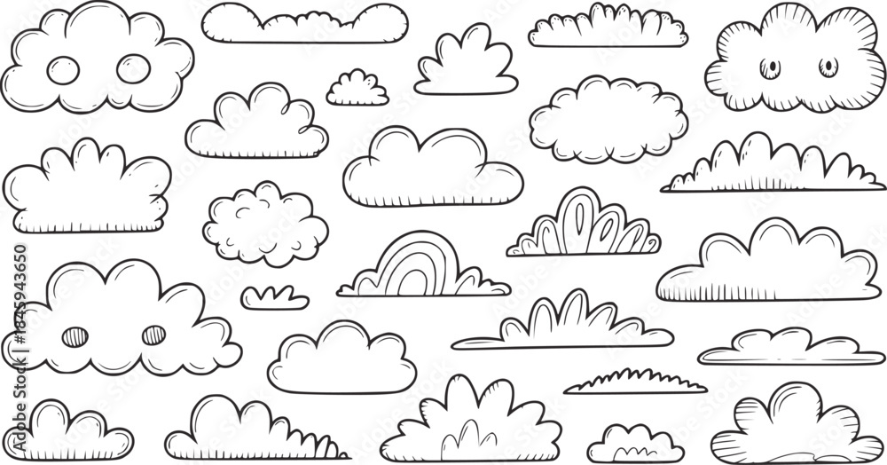 Obraz premium Black and white hand drawn cartoon clouds collection