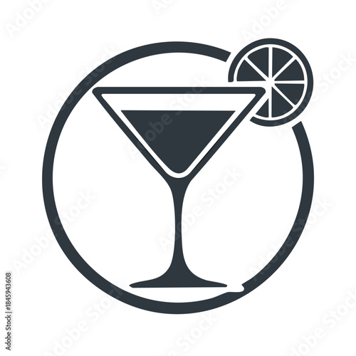 Elegant martini cocktail with lemon slice in stylized circle illustration for bar advertising and beverage promotion