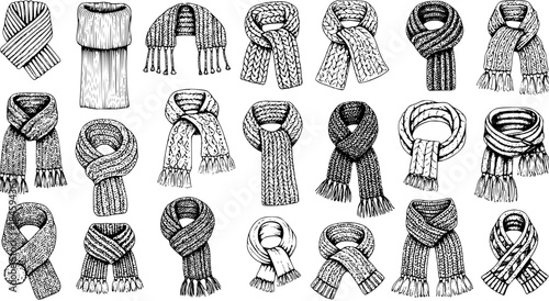 Detailed Sketch Set of Winter Scarves and Mufflers. Collection of Various Knitted Styles and Ways to Wear. Hand-Drawn Fashion Illustration.