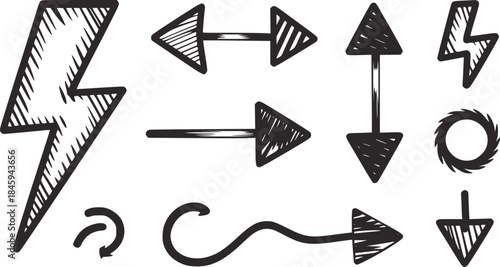 Black and white hand drawn lightning bolt and directional arrows set