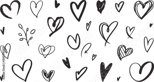 Collection of hand drawn black ink hearts white handdrawn