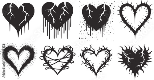 Eight black cracked and decorative heart silhouettes collection