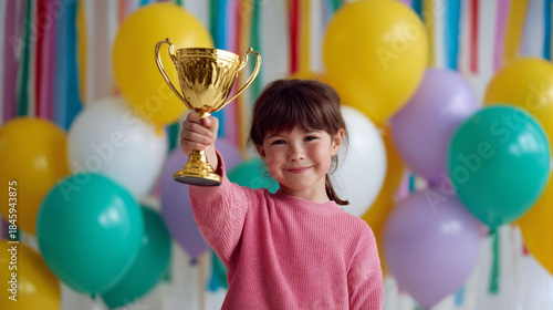 Girl holding golden trophy celebrating success with balloons