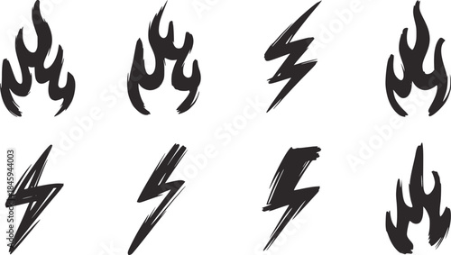 Hand drawn black ink flame and lightning symbols collection