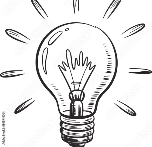 Hand drawn black ink light bulb with radiating lines