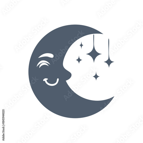 Smiling Crescent Moon with Stars Icon for Childrens Sleep or Nighttime Themed Illustration