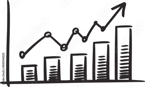 Hand drawn black line graph with ascending financial growth bars