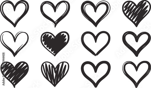 Twelve hand drawn black hearts collection white handdrawn