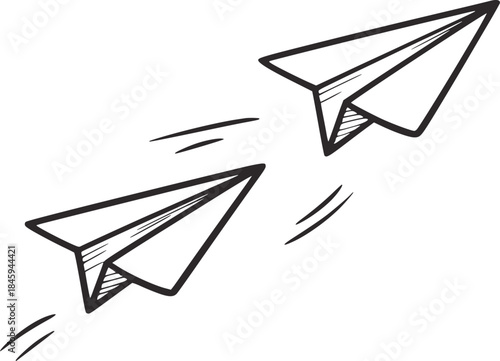 Two minimalist black paper airplanes flying in white