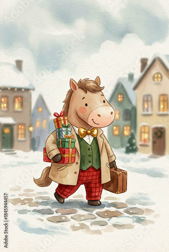 Cartoon horse walking in winter street with gifts and suitcase - Concept of New Year, Christmas  
