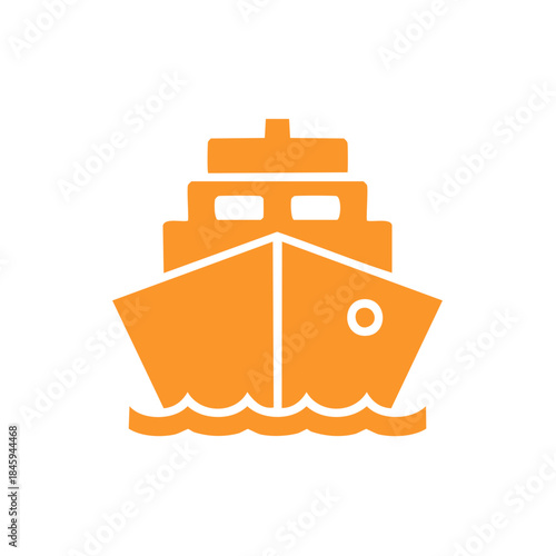 Orange ship on the water, nautical transport icon, sea traveling, front view, cargo vector illustration
