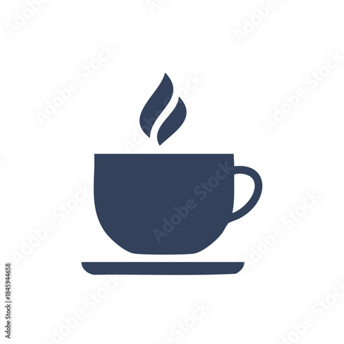 Minimalist illustration of dark blue teacup on a saucer with rising steam for cafe menu or digital design