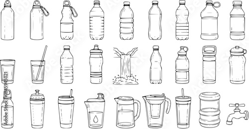 Hand-Drawn Water Bottle and Hydration Container Collection - Diverse Drinkware, Glasses, Jugs, and Water Sources in Sketchy Line Art Style