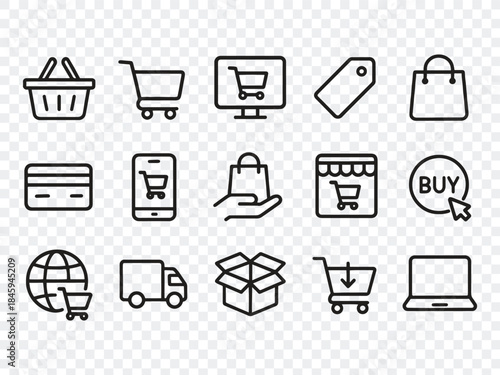Online Shopping and E-commerce Line Icons Set: Retail, Cart, Payment, Delivery, and Business Symbols Bundle. 
