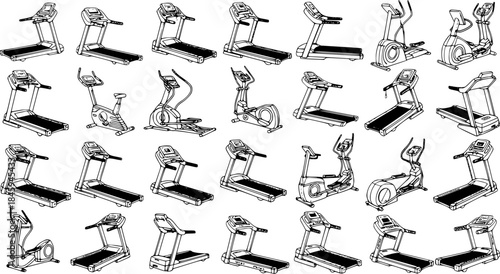 Detailed black and white line art collection of diverse gym fitness equipment: treadmills, exercise bikes, and elliptical trainers.