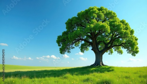 Ancient oak, solitary in vast field, vibrant blue sky , wide, serene