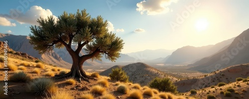 Ancient olive tree against vast desert mountain backdrop under bright sun, sunlight, bright, outdoor