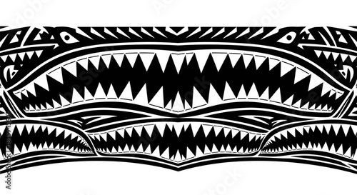 Shark mouth tribal tattoo design in black and white, vector illustration.