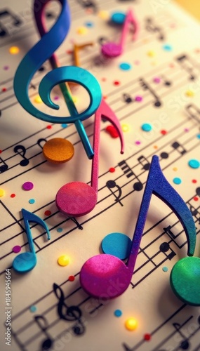 Bold rainbow notes dance on a whimsical music staff , staff, happy